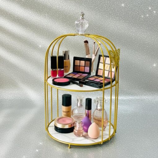 Butterfly 2 Layers Cage Vanity Organizer – Elegant Gold Makeup & Perfume Display Stand