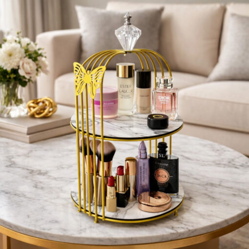 Butterfly 2 Layers Cage Vanity Organizer – Elegant Gold Makeup & Perfume Display Stand