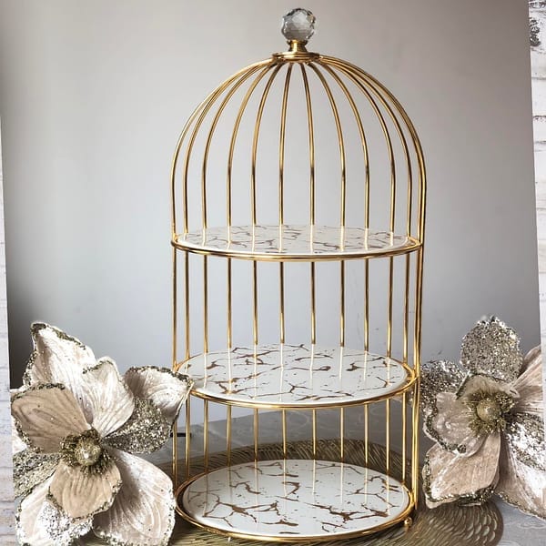 Gold 3-Tier Hanging Bird Cage Cupcake Stand – Metal Mirror Glass & Acrylic Tray for Party Display
