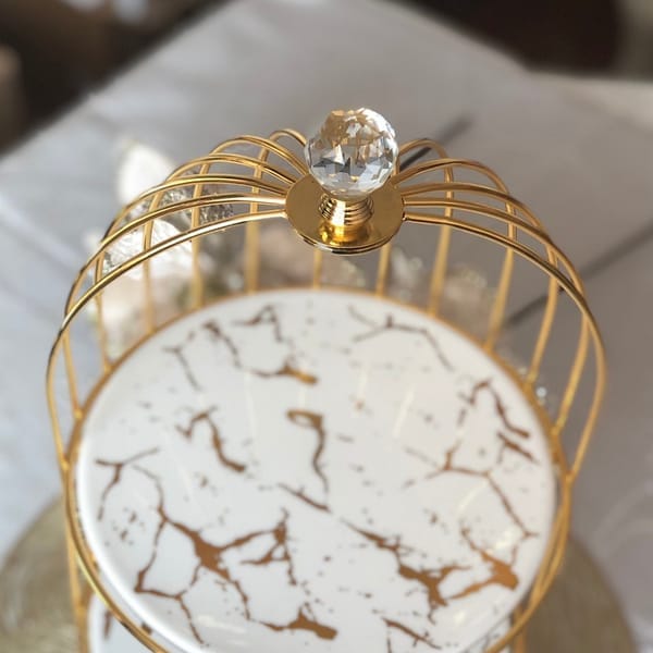 Gold 3-Tier Hanging Bird Cage Cupcake Stand – Metal Mirror Glass & Acrylic Tray for Party Display