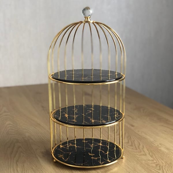 Gold 3-Tier Hanging Bird Cage Cupcake Stand – Metal Mirror Glass & Acrylic Tray for Party Display