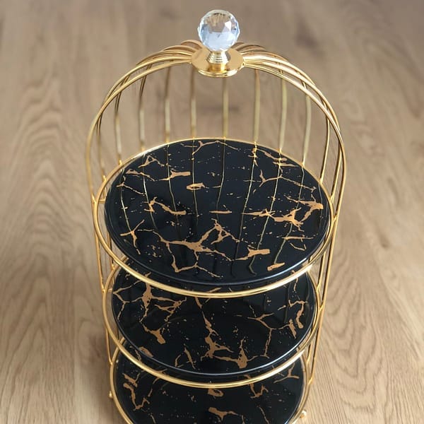 Gold 3-Tier Hanging Bird Cage Cupcake Stand – Metal Mirror Glass & Acrylic Tray for Party Display