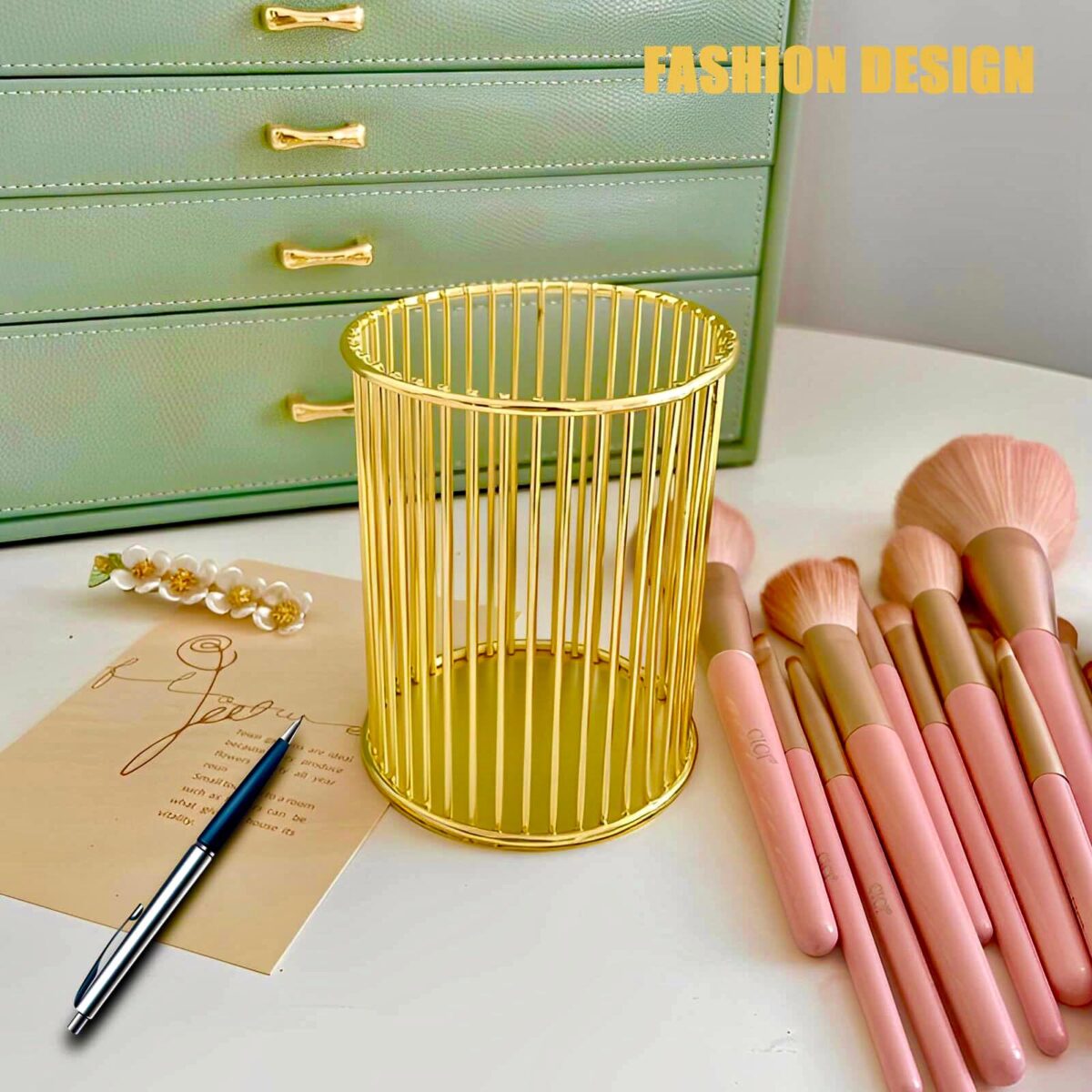 Metal Cosmetics Holder for Brushes & Pens – Stylish Makeup Organizer Cup for Vanity & Desk